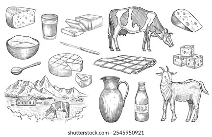 Ilustrações vetoriais de produtos láteos - queijo, leite e coalhada. Desenho linear com animais de fazenda - vaca e cabra pintados com tintas pretas. Esboço do livro de receitas ou menu. Gravura de alimentos.