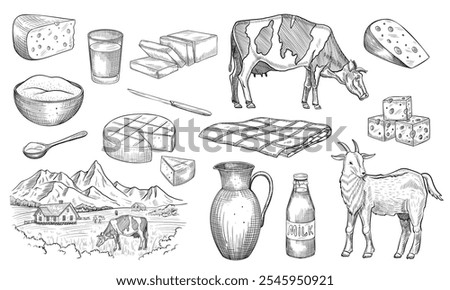 Vector illustrations of Dairy products - cheese, milk and curd. Linear drawing with farm animals - cow and goat painted by black inks. Outline etching for cookbook or menu. Engraving of food.