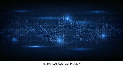 Vector illustrations of Dark blue futuristic included glowing point light on digital circuit patterns perspective floor digital technology and innovations artwork.