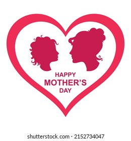 Ilustraciones vectoriales de la tarjeta del día de la madre con las caras de la madre y del niño en un marco en forma de corazón