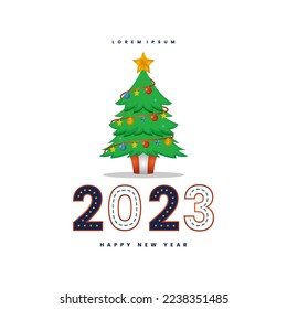 ilustraciones vectoriales de un árbol de Navidad decorado y año nuevo 2023 con regalos. con cajas de regalo, estrella, luces, bolas de decoración y lámparas.