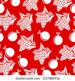 Vector illustrations of decorative fir cones on branch and baubles seamless pattern