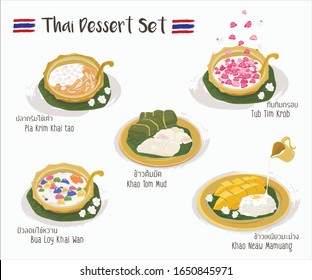 Vector illustrations of Delicious Thai dessert set (Khanom Thai).