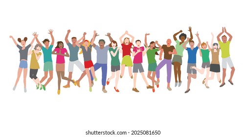 Vector illustrations of delighted young people lined up in a row