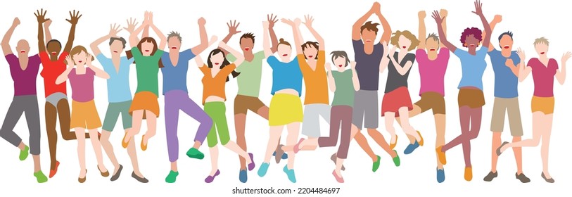Vector illustrations of delighted young people lined up in a row