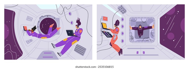 The vector illustrations depict female astronauts working with a laptop and headset in the cockpit of a spacecraft. Scientific research of the universe and stars.