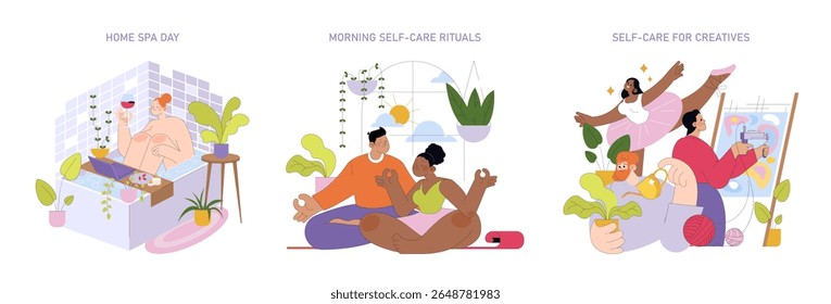 Vector illustrations depict a home spa day, morning self-care rituals, and self-care for creatives. Emphasizes relaxation, mindfulness, and creativity with serene expressions and calming activities.