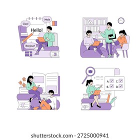 Las Ilustraciones vectoriales representan a personas que participan en el aprendizaje multilingüe, el estudio colaborativo, disfrutar de la lectura y prepararse para los exámenes. Escenas vibrantes fomentan la educación y la creatividad.