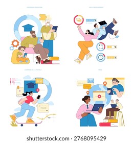 Vector illustrations depict scenarios of online education, skills development, and MOOCs. Characters are engaged with digital devices and graphics, symbolizing learning as a lifestyle.