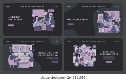 As ilustrações vetoriais retratam vários cenários de educação on-line, destacando as primeiras lições imersivas, o registro de cursos e a colaboração em tempo real, apresentando expressões engajadas e focadas.