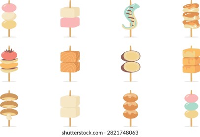 vector illustrations depict various types of skewered Asian street food.The set includes items such as yakitori, fish cakes, meatballs, and shrimp skewers.