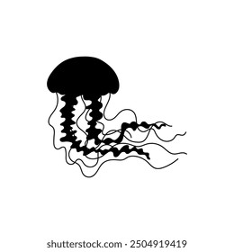 Vector illustrations depicting a black silhouette of a jellyfish, demonstrating a flat style. This set features tentacles that emphasize their graceful movements