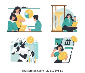 Ilustraciones vectoriales que representan la planificación empresarial, la gestión del tiempo, la innovación en robótica y las transacciones digitales. Imágenes atractivas de trabajo en equipo, tecnología y finanzas, combinadas a la perfección.