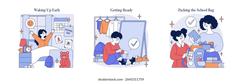 Ilustrações vetoriais retratando a rotina matinal de uma criança, incluindo acordar cedo com entusiasmo, se preparar com determinação e alegremente embalar uma bolsa de estudo.