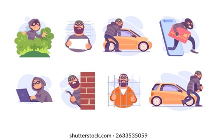 Vector Illustrations depicting concepts related to Burglary and Theft in various styles