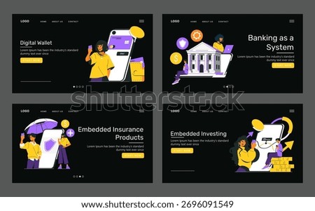 Vector illustrations depicting digital finance themes like digital wallet usage, banking systems, embedded insurance, and investing, highlighting technology's role in finance.