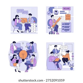 Vector illustrations depicting diverse office scenarios, including team meetings, resume writing, and brainstorming sessions. Highlights collaboration, creativity, and modern work environments.