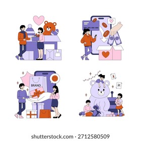 Ilustraciones vectoriales que representan escenarios de compras de comercio electrónico con personas que interactúan con productos, realizan pagos en línea y reciben paquetes. Los personajes expresan felicidad y emoción.