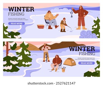 Vector illustrations depicting family and friends sitting on the shore of a frozen lake and fishing with an ice axe and fishing rod surrounded by snow