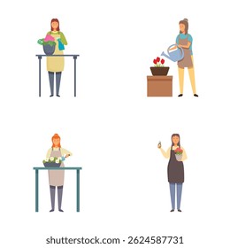 Ilustrações vetoriais representando quatro pessoas diferentes envolvidas em atividades de jardinagem