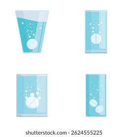 Vector illustrations depicting four glasses with water and bubbles in different shapes and orientations