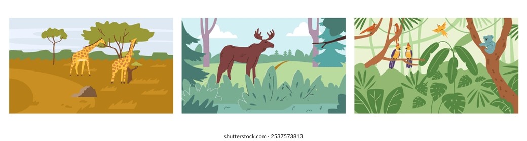 Vector illustrations depicting giraffes, parrots and moose in lush jungles and forests. The set is dedicated to flora, fauna and nature conservation.