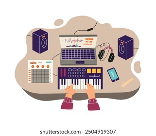 Vector illustrations depicting hands working on creating a musical composition using a laptop, music speakers and a midi keyboard. The musician's workplace