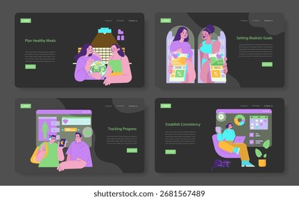 Ilustrações vetoriais que descrevem ações de estilo de vida saudável, incluindo planejamento de refeições, definição de metas, rastreamento do progresso e consistência. Enfatiza emoções positivas e interações.