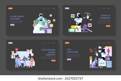Vector illustrations depicting the integration of AI in addressing climate change, ethical guidelines, healthcare, and an AI declaration signing event, emphasizing innovative applications of AI