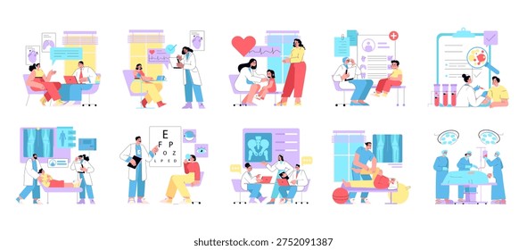 Vector illustrations depicting medical consultations, diagnostics, and treatments. These scenes include doctor-patient interactions, testing, and healthcare settings, showcasing various medical