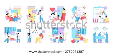 Vector illustrations depicting medical consultations, diagnostics, and treatments. These scenes include doctor-patient interactions, testing, and healthcare settings, showcasing various medical