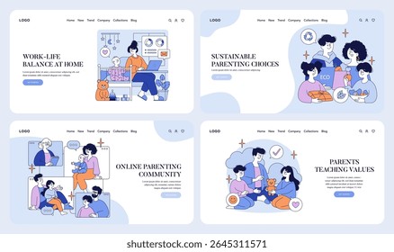 Vector illustrations depicting parenting themes, including balance between work and home life, sustainable choices, online community support, and teaching values, emphasizing family connections.
