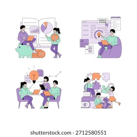 Ilustraciones vectoriales que representan el trabajo en equipo y la innovación, con personas que colaboran en la planificación financiera, la codificación, la lluvia de ideas y la resolución de acertijos. Ideal para contenido empresarial y educativo.