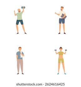 Vector illustrations depicting a variety of individuals engaging in fitness activities and using tech devices