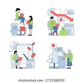 Ilustraciones vectoriales que representan diversas actividades financieras. Las Personas ahorran, calculan gastos, analizan las tendencias del mercado y retiran efectivo de un cajero automático, lo que ilustra la dinámica financiera