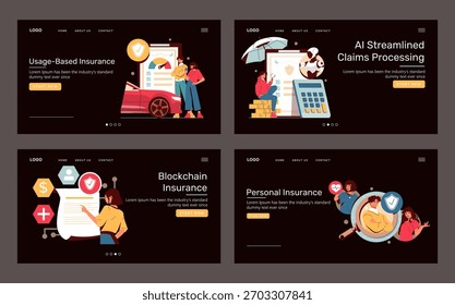 Vector illustrations depicting various insurance solutions with usage-based, AI-assisted claims, blockchain, and personal insurance concepts. People interacting with digital elements included.