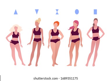 Vector illustrations of different body positive female figures types isolated on white background.