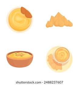 Vector illustrations of different dips with chips, perfect for party snack graphics