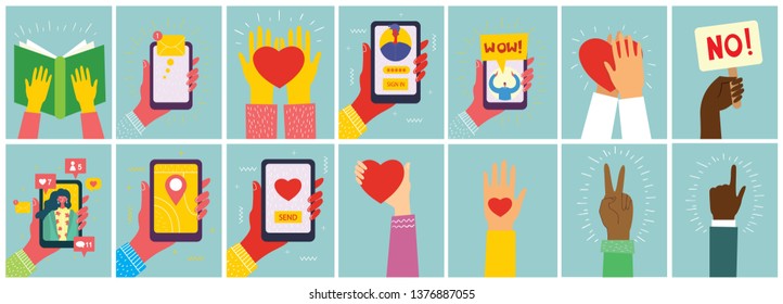 Vector illustrations of different hands up. Concept of unity, protest, love, smartphone, friendship, operation. Flat outline design 