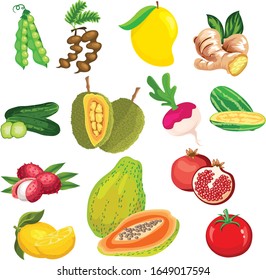 Vector illustrations of different kind of fruits and vegetables.