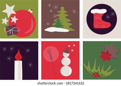 Vector illustrations of different symbols of the new year, christmas and winter. Set of 6 posters with simple images of stars, snowman, gift, candle, sock, fir trees, snowflakes
