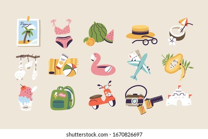 Vector illustrations of different travel, vacation or holiday signs and logos. Collection icons of summer vacation trip