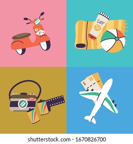 Vector illustrations of different travel, vacation or holiday signs and logos. Collection icons of summer vacation trip