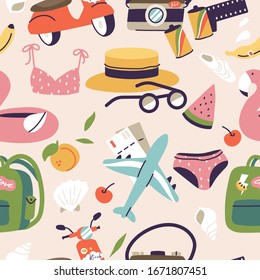 Vector illustrations of different travel, vacation or holiday signs and logos. Seamless pattern of summer vacation trip