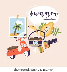 Vector illustrations of different travel, vacation or holiday signs and logos. Collection icons of summer vacation trip