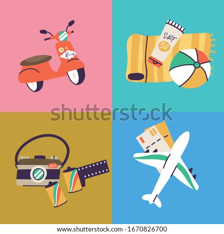 Vector illustrations of different travel, vacation or holiday signs and logos. Collection icons of summer vacation trip