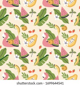 Vector illustrations of different tropical fruits and flamingo belt. Seamless pattern of exotic summer