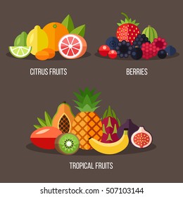 Vector illustrations of different types of fruits: citrus fruits, berries, tropical fruits. Flat style.
