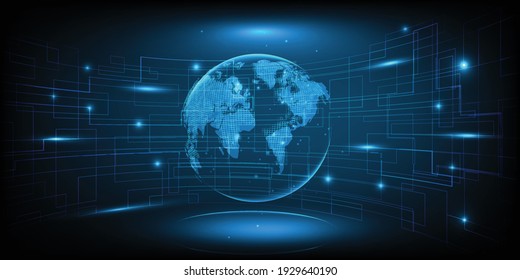 Vector Illustrations Of Digital Communication System Wire Connecting Network Around The World.Dark Blue Futuristic For Technology Background  Banner And Wallpapers.
