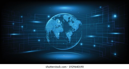 Vector illustrations of digital communication system wire connecting network around the world.Dark blue futuristic for technology background  banner and wallpapers.